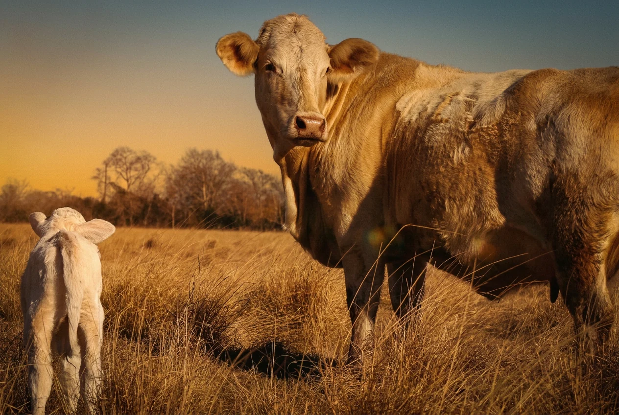 Cattle standing in a sunlit pasture